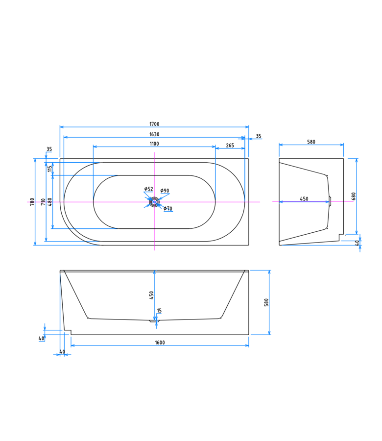 Half vrijstaand ligbad Havana 170 x 80 x 58 cm - wit  - links