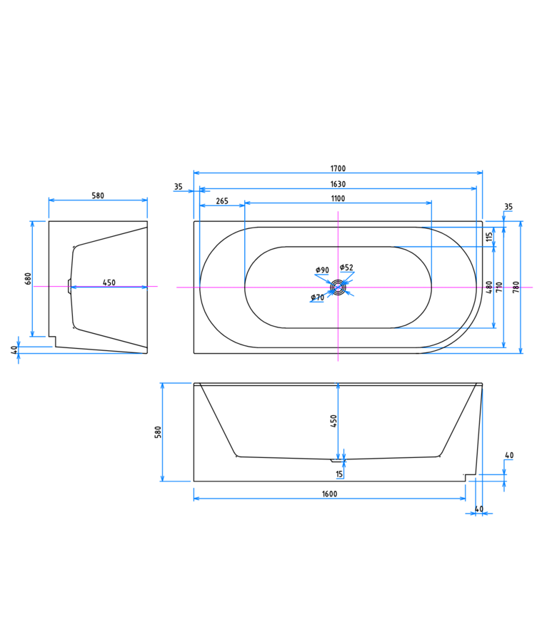 Hoekbad Havana 170 x 80 x 58 cm - wit  - rechts