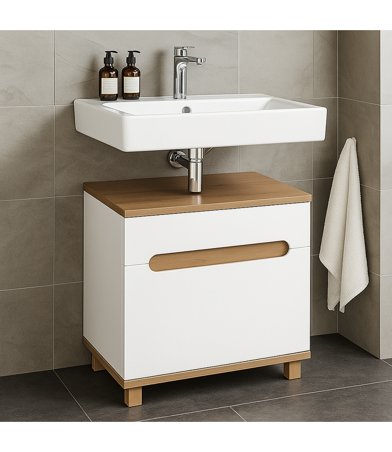 Wastafelkast Otero 60 x 34 x 57 cm - hoogglans wit met eiken