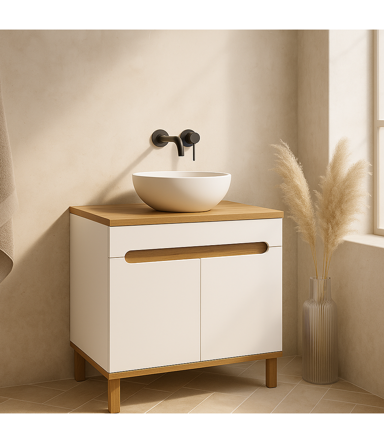 Wastafelkast Otero 80cm met bovenblad - hoogglans wit met eiken