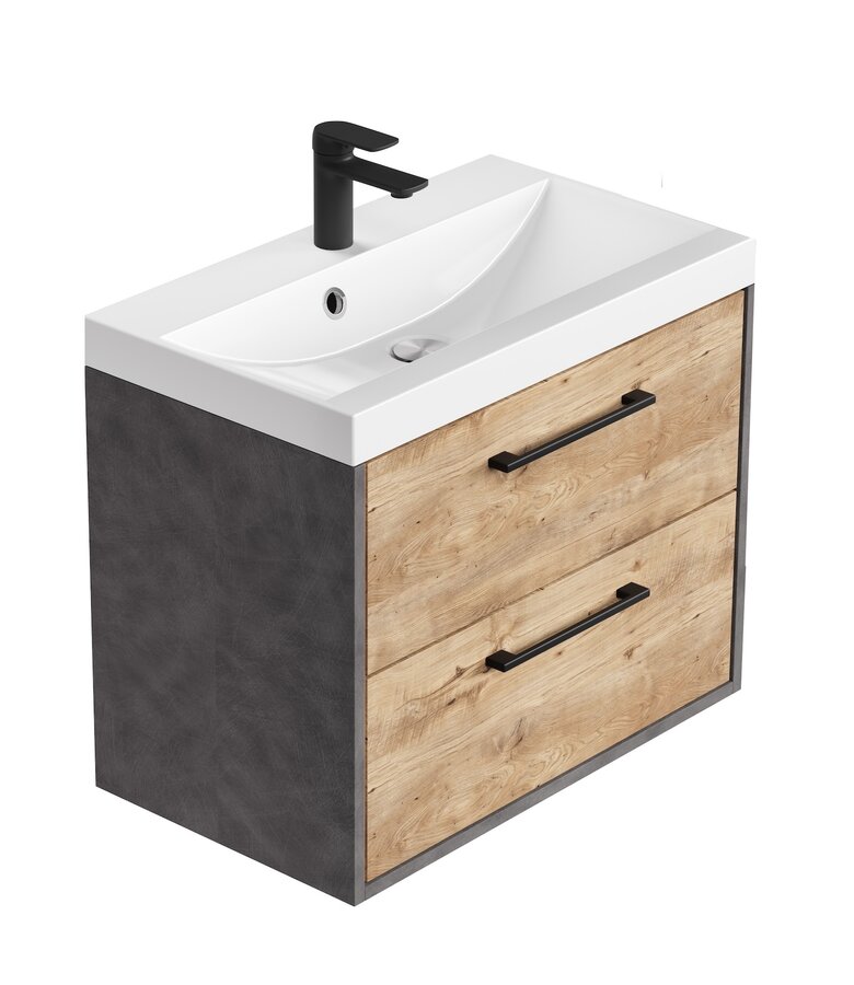 Badkamermeubel Florence 01 60cm met wastafel - donker grijs met kastanje eiken