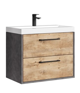 Badkamermeubel Florence 01 60cm met wastafel - donker grijs met kastanje eiken