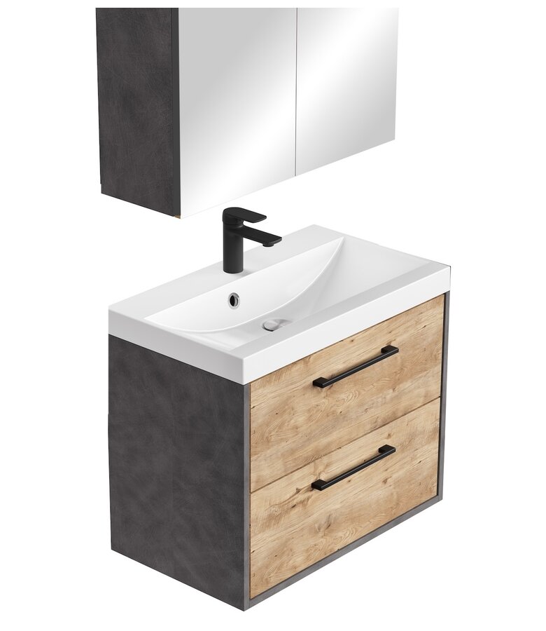 Badkamermeubel Florence 01 60cm met spiegelkast - donker grijs met  kastanje eiken