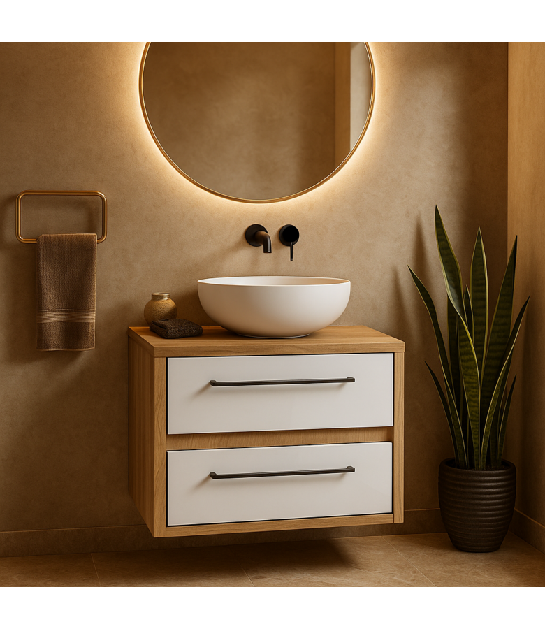 Wastafelkast Elano 60 x 45 x 50 cm - eiken met hoogglans wit - met bovenblad