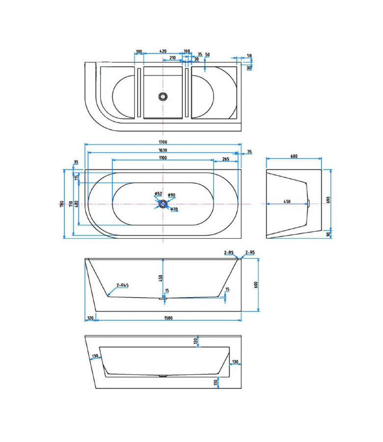 Hoekbad Isia 170 x 78 x 60 cm - wit  - links