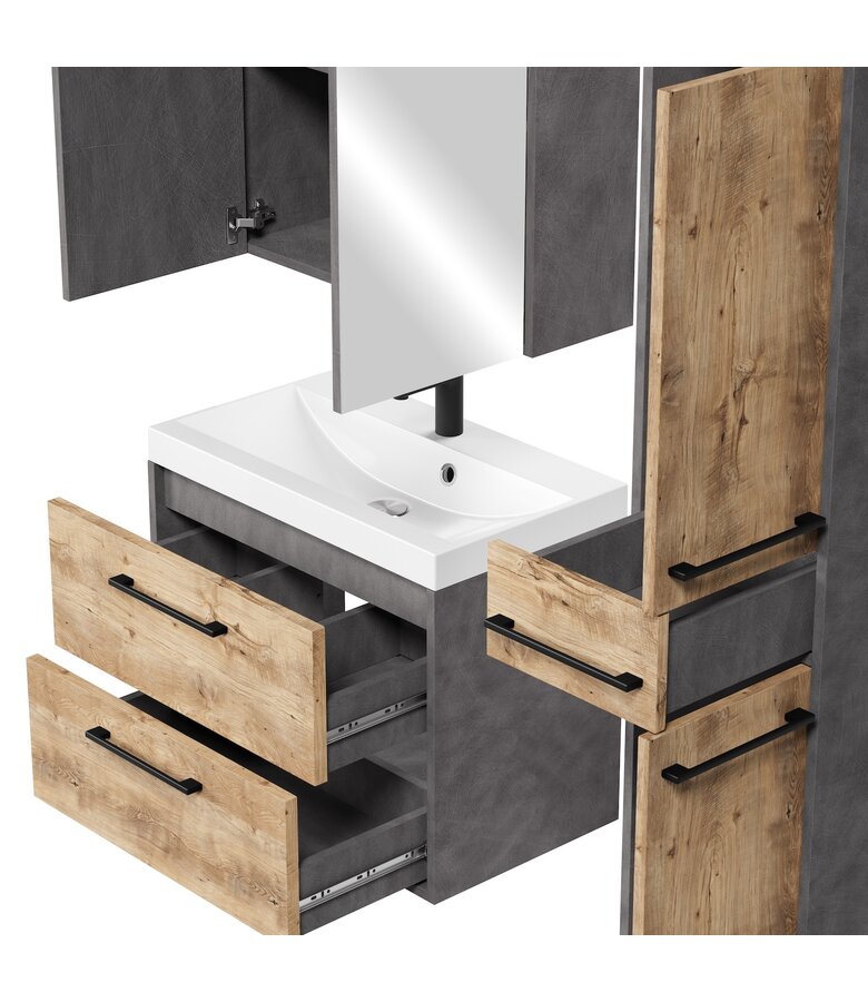 Badkamermeubel Florence 60cm complete set met spiegelkast - donker grijs met kastanje eiken