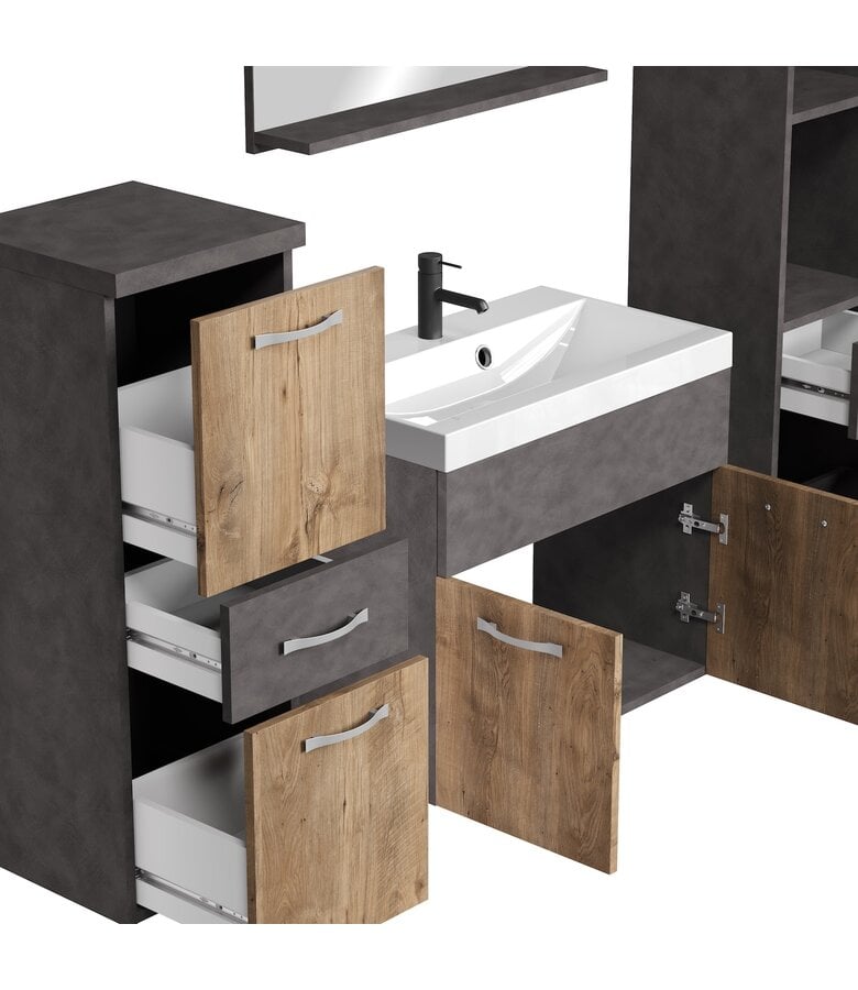 Badkamermeubel Alba 60cm complete set - donker grijs met kastanje eiken