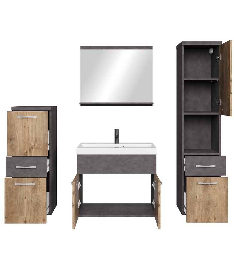 Badkamermeubel Alba 60cm complete set - donker grijs met kastanje eiken