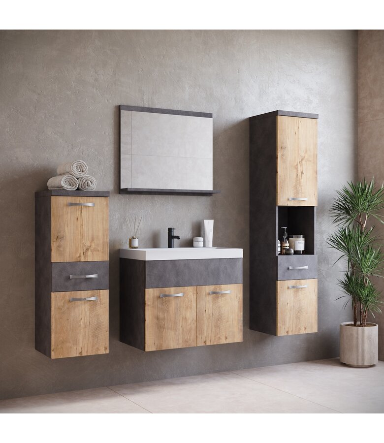 Badkamermeubel Alba 60cm complete set - donker grijs met kastanje eiken