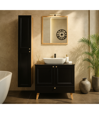 Wastafelkast Rincon 60cm - zwart met eiken - met spiegel en zijkast