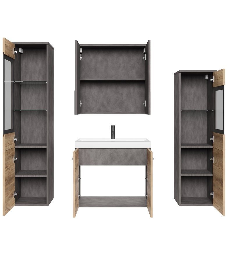 Badkamermeubel Mirano 60cm complete set - donker grijs met kastanje eiken