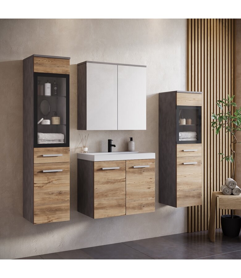 Badkamermeubel Mirano 60cm complete set - donker grijs met kastanje eiken