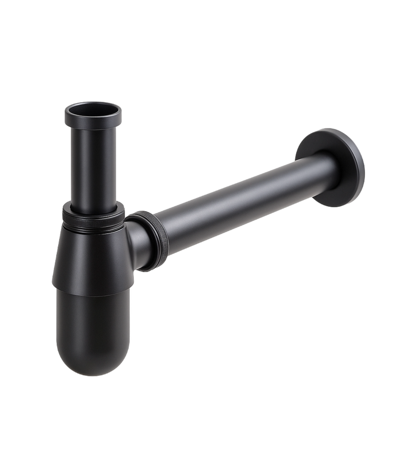 Mat zwart sifon met afvoerbuis en muurbuis - rond 08