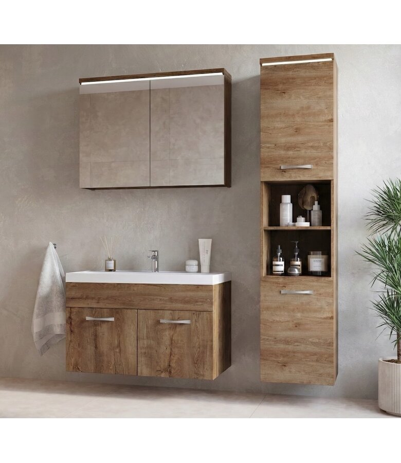 Badkamermeubel Paso LED 80cm met spiegelkast - bruin eiken