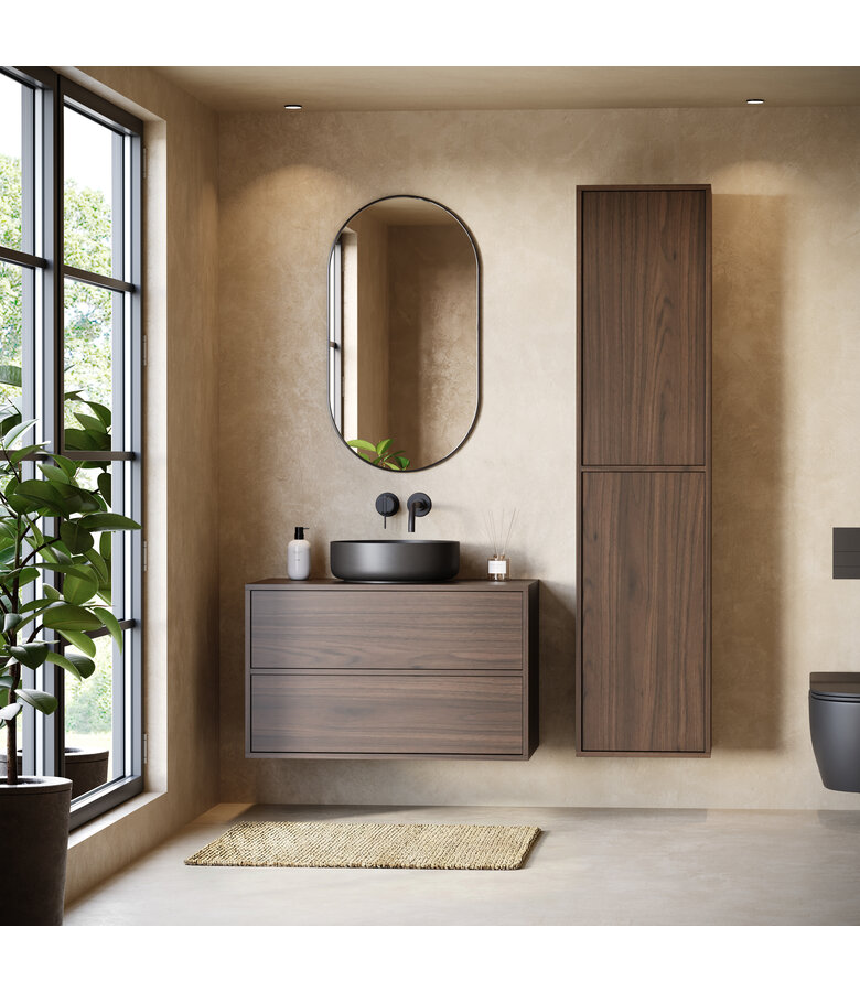 Wastafelkast Mali met kolomkast - 80 x 46 x 49 cm - walnoot bruin