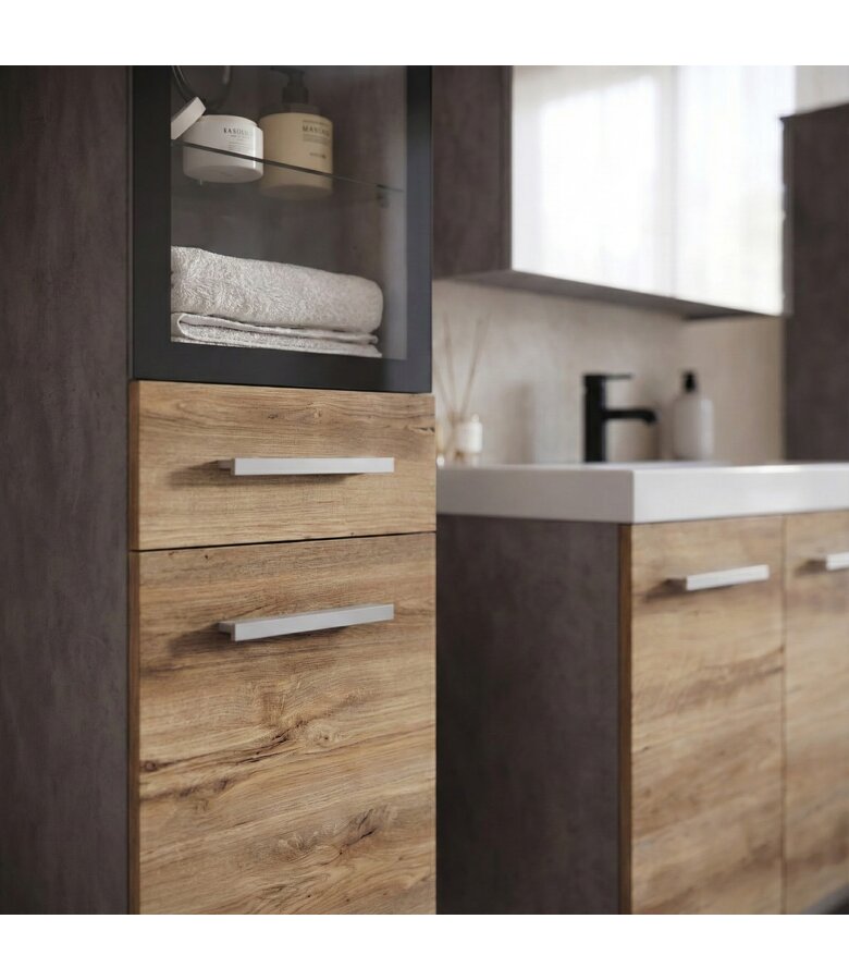 Badkamermeubel Mirano 60cm complete set - donker grijs met kastanje eiken