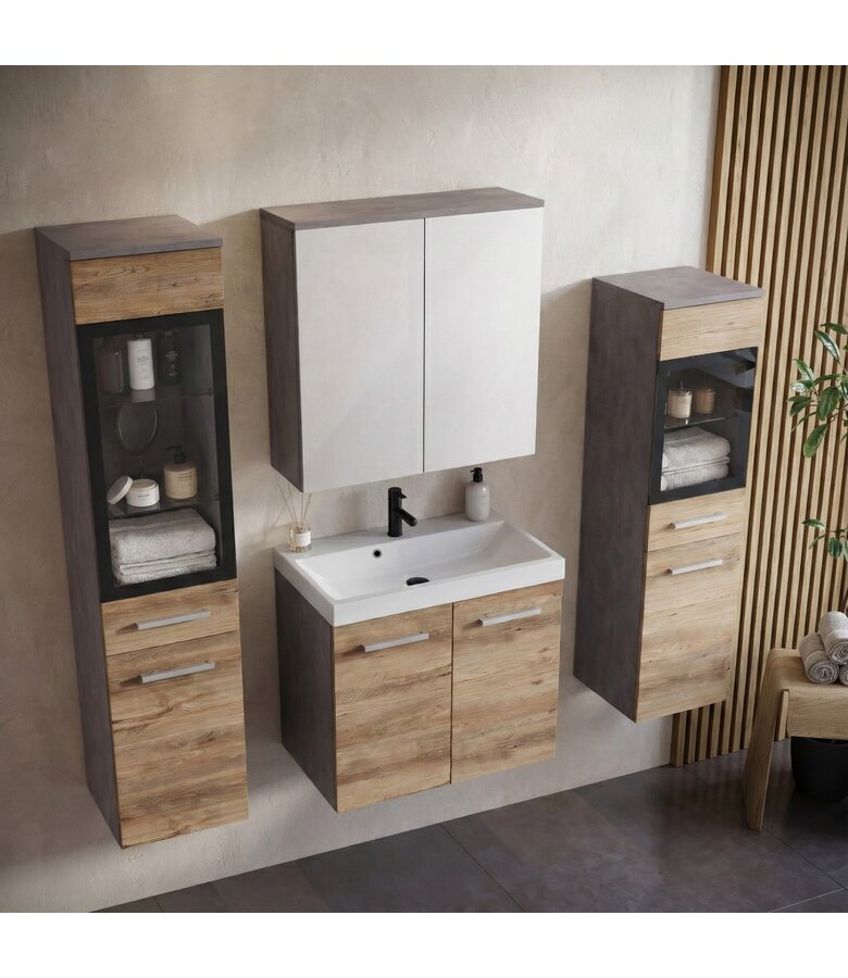 Badkamermeubel Mirano 60cm complete set - donker grijs met kastanje eiken