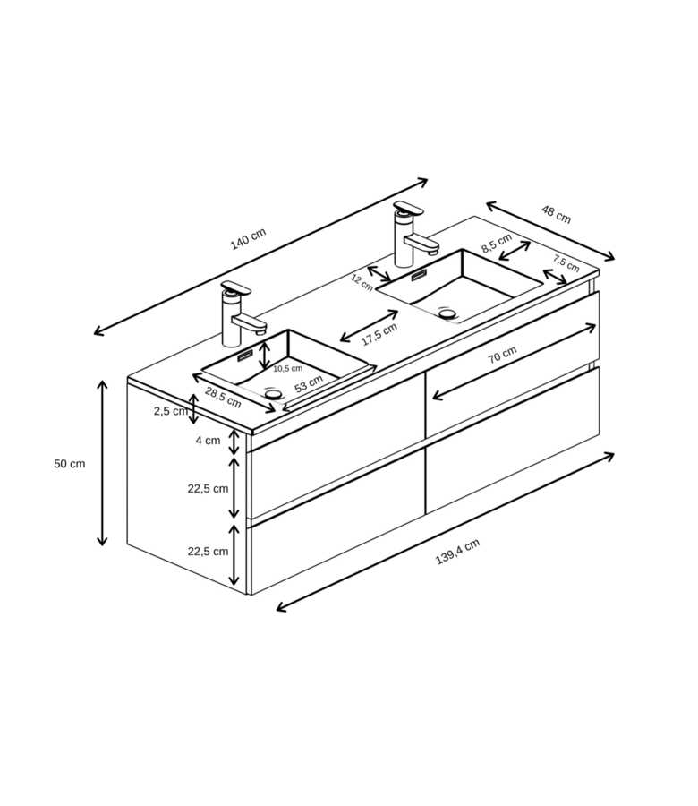 Badkamermeubel Angela 140cm - kastanje eiken - zwarte wastafel