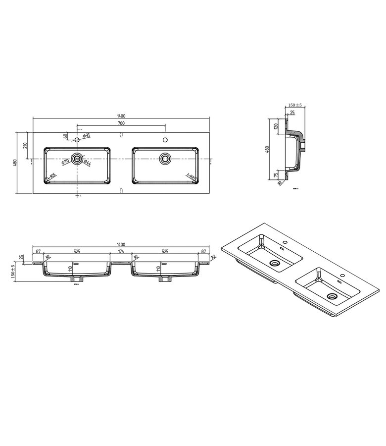 Badkamermeubel Angela 140cm - kastanje eiken - zwarte wastafel