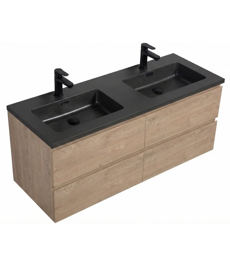Badkamermeubel Angela 140cm - kastanje eiken - zwarte wastafel