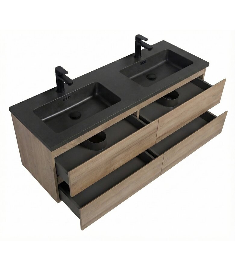 Badkamermeubel Angela 140cm - kastanje eiken - zwarte wastafel