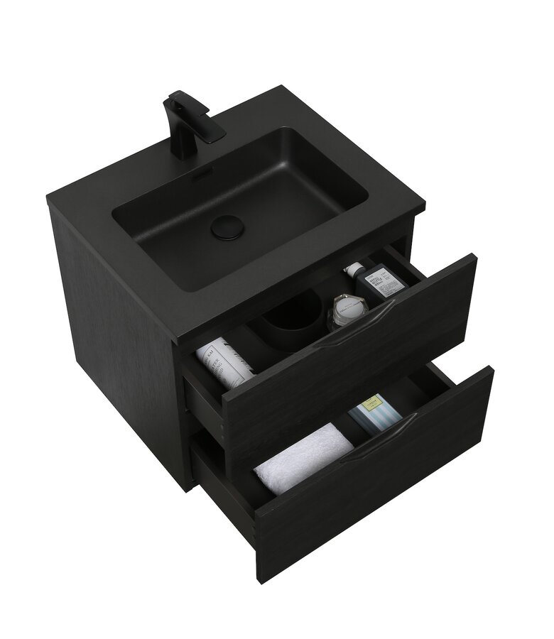 Badkamermeubel Cairo 60cm - zwart houtnerf - zwarte wastafel