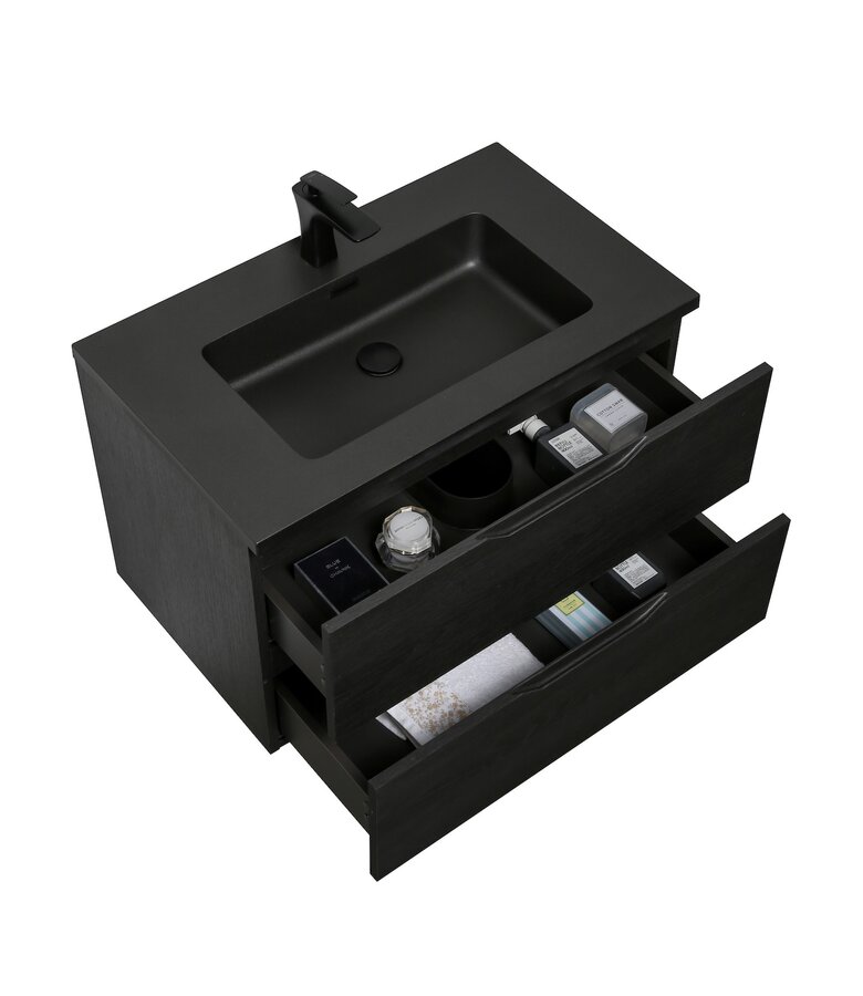 Badkamermeubel Cairo 80cm - zwart houtnerf  - zwarte wastafel