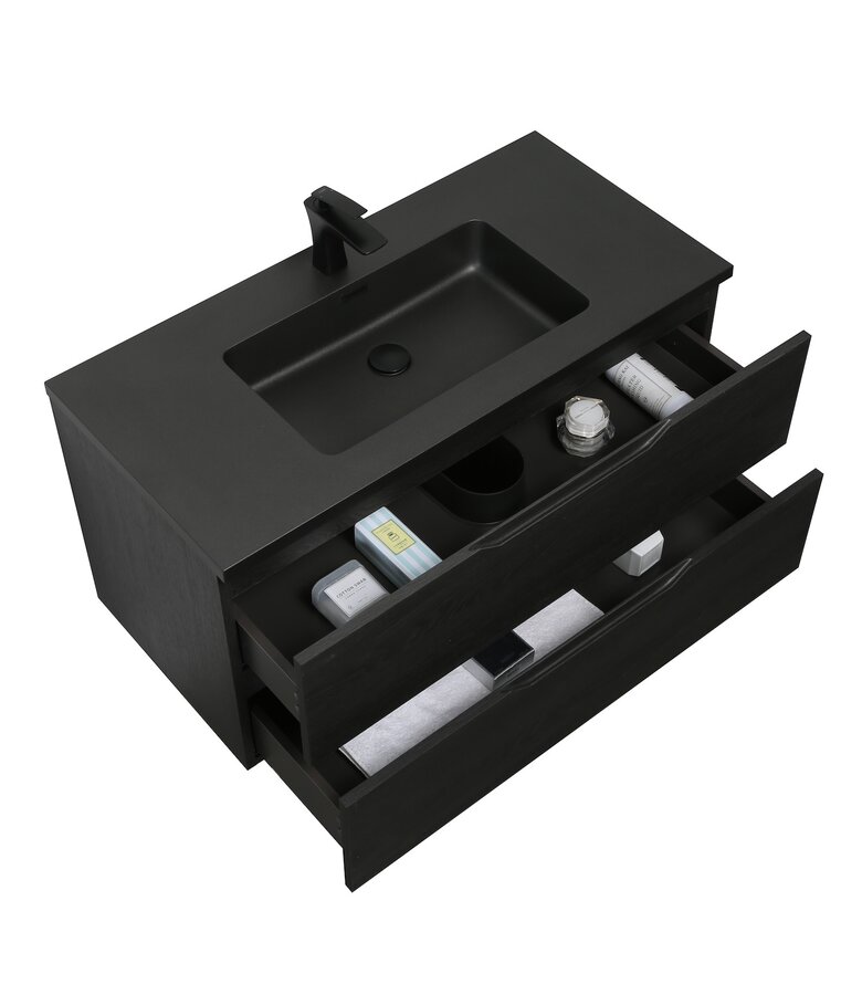 Badkamermeubel Cairo 100cm - zwart houtnerf - zwarte wastafel