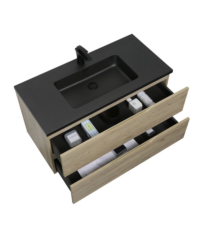 Badkamermeubel Cairo 100cm - kastanje eiken - zwarte wastafel