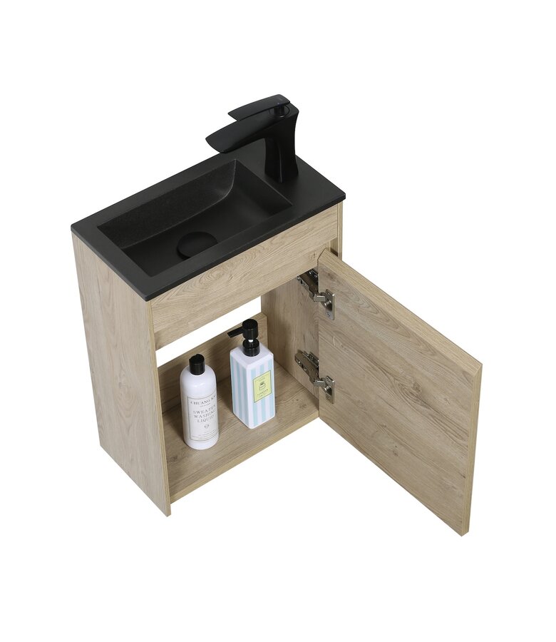 Toiletmeubel Sinta 40cm - kastanje eiken - zwarte wastafel