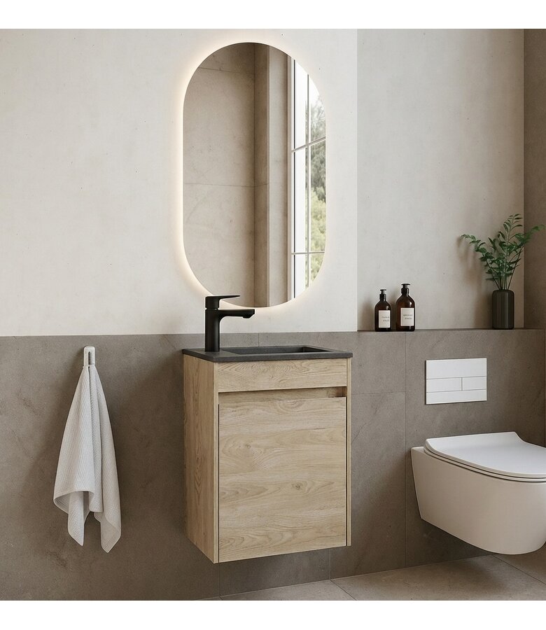 Toiletmeubel Sinta 40cm - kastanje eiken - zwarte wastafel