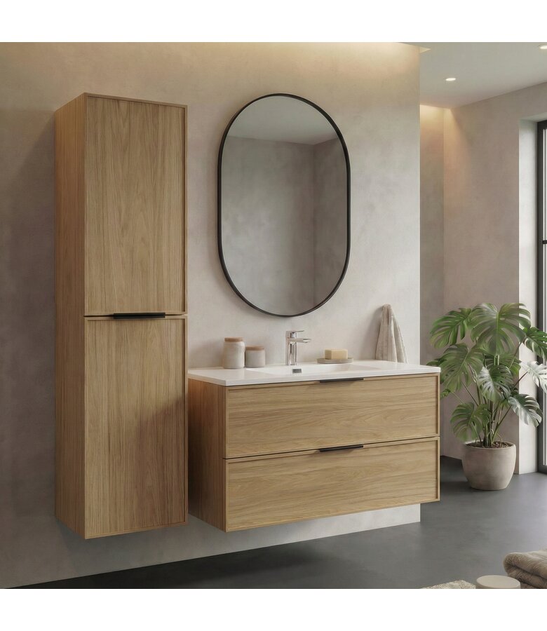 Badkamermeubel Luxor 100 cm met kolomkast - licht eiken