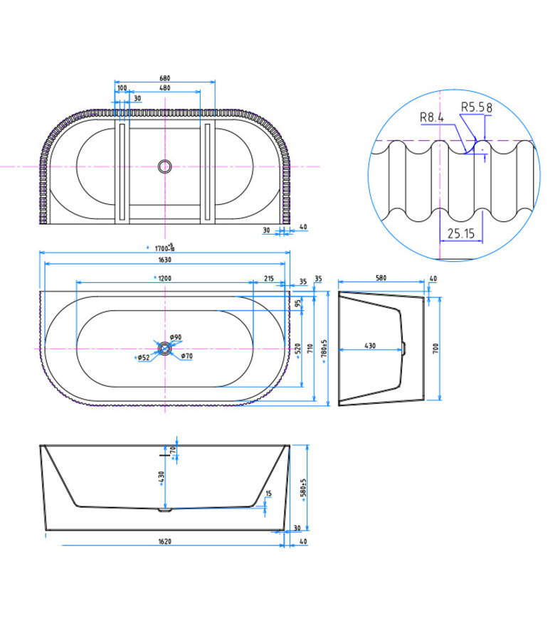 Half vrijstaand ligbad Havana 170 x 80 x 58 cm - zwart