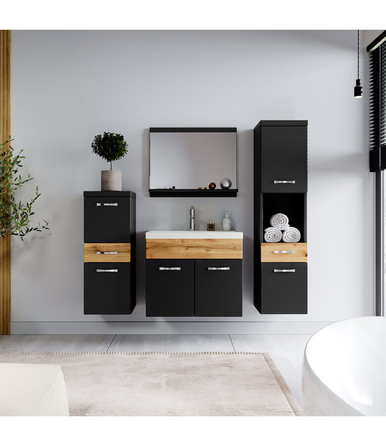 Badkamermeubel Alba 60cm - mat zwart met eiken