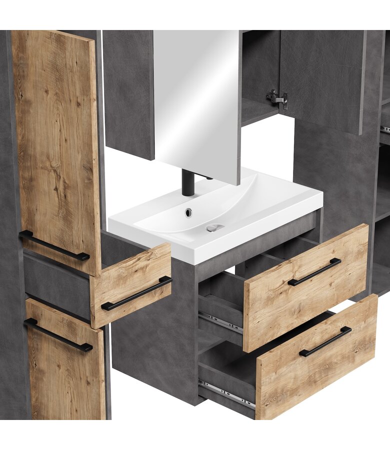 Badkamermeubel Florence 60cm XL set met spiegelkast - kastanje eiken met donker grijs