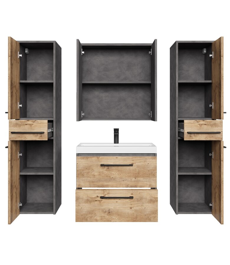 Badkamermeubel Florence 60cm XL set met spiegelkast - kastanje eiken met donker grijs