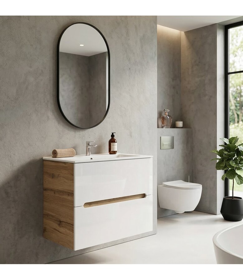 Badkamermeubel Lincoln 80cm - eiken met hoogglans wit