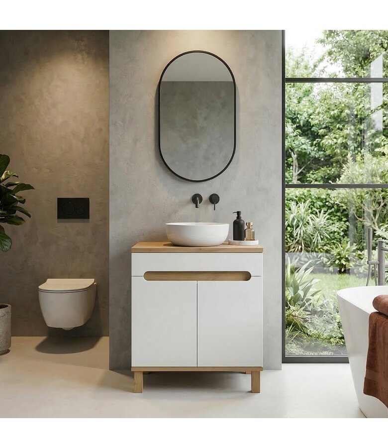 Wastafelkast Otero 80cm met bovenblad - hoogglans wit met eiken