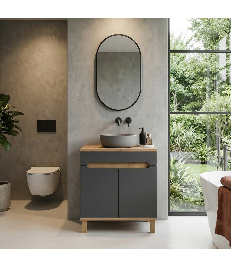 Wastafelkast Otero 80cm met bovenblad - grijs met eiken