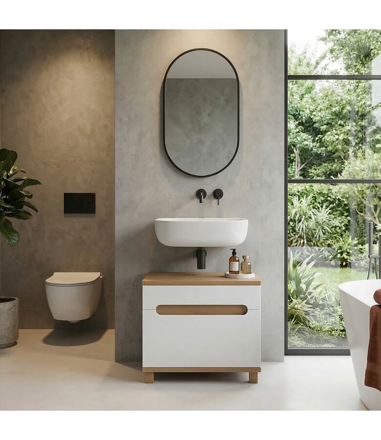 Wastafelkast Otero 60 x 34 x 57 cm - hoogglans wit met eiken