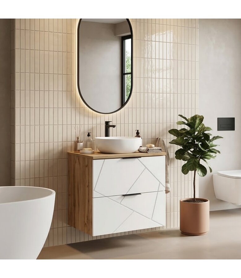 Wastafelkast Manello 60 x 46 x 58 cm - eiken met mat wit