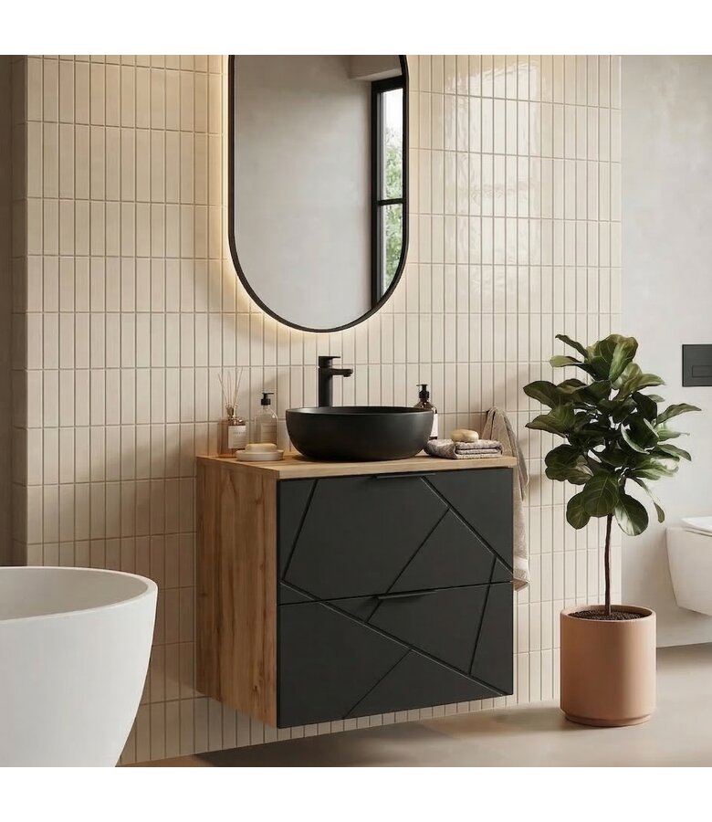 Wastafelkast Manello 60 x 46 x 58 cm - eiken met mat zwart