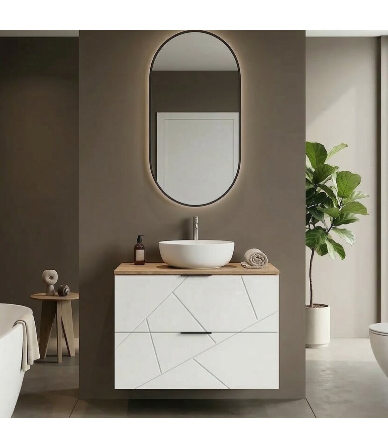 Wastafelkast Manello 80 x 46 x 58 cm - eiken met mat wit