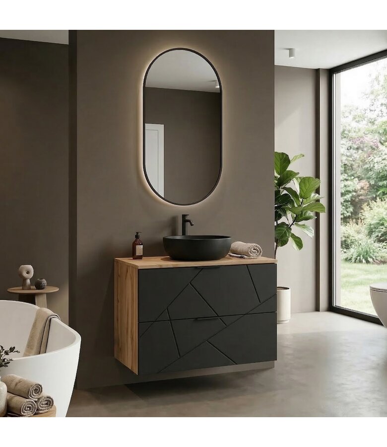 Wastafelkast Manello 80 x 46 x 58 cm - eiken met mat zwart