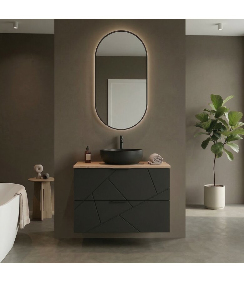 Wastafelkast Manello 80 x 46 x 58 cm - eiken met mat zwart