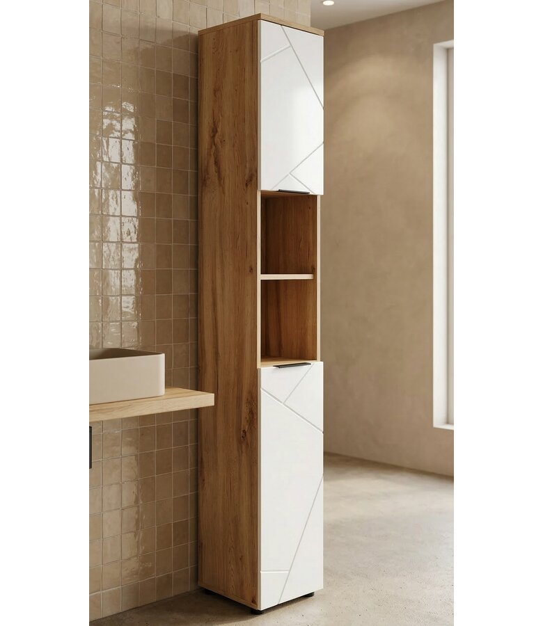 Badkamerkast Manello 30 x 30 x 192 cm - eiken met mat wit