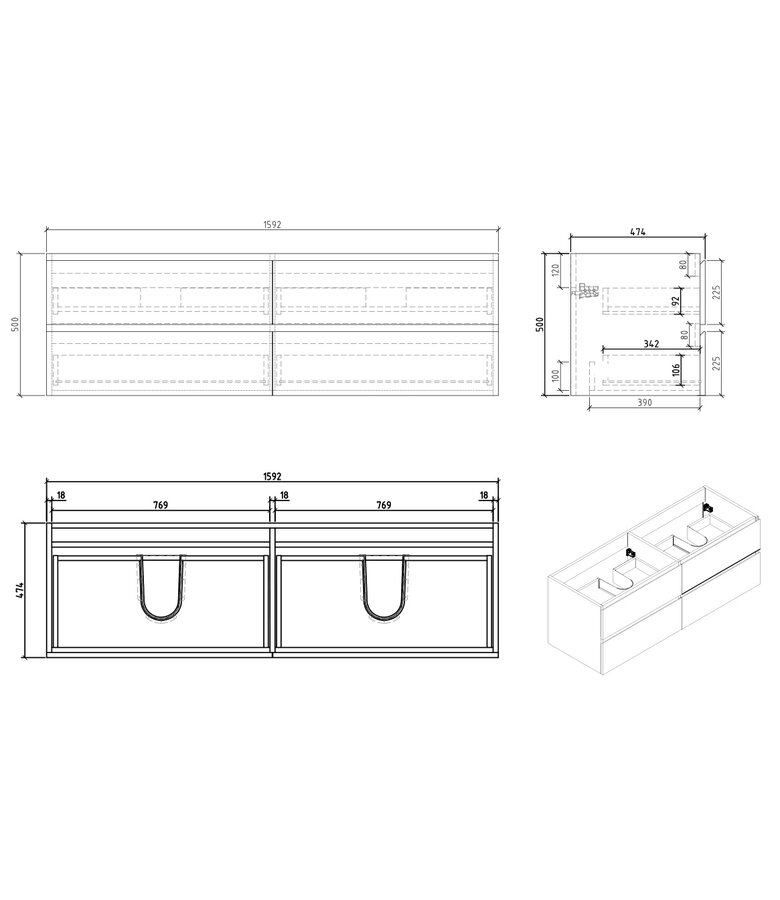 Badkamermeubel Angela 160cm - zwarte wastafel - kastanje eiken