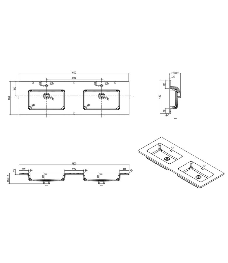 Badkamermeubel Angela 160cm - zwarte wastafel - kastanje eiken