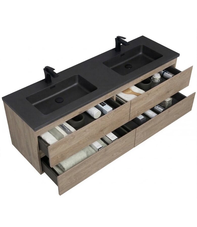 Badkamermeubel Angela 160cm - zwarte wastafel - kastanje eiken