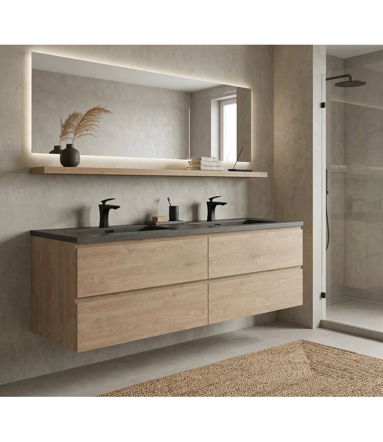 Badkamermeubel Angela 160cm - zwarte wastafel - kastanje eiken